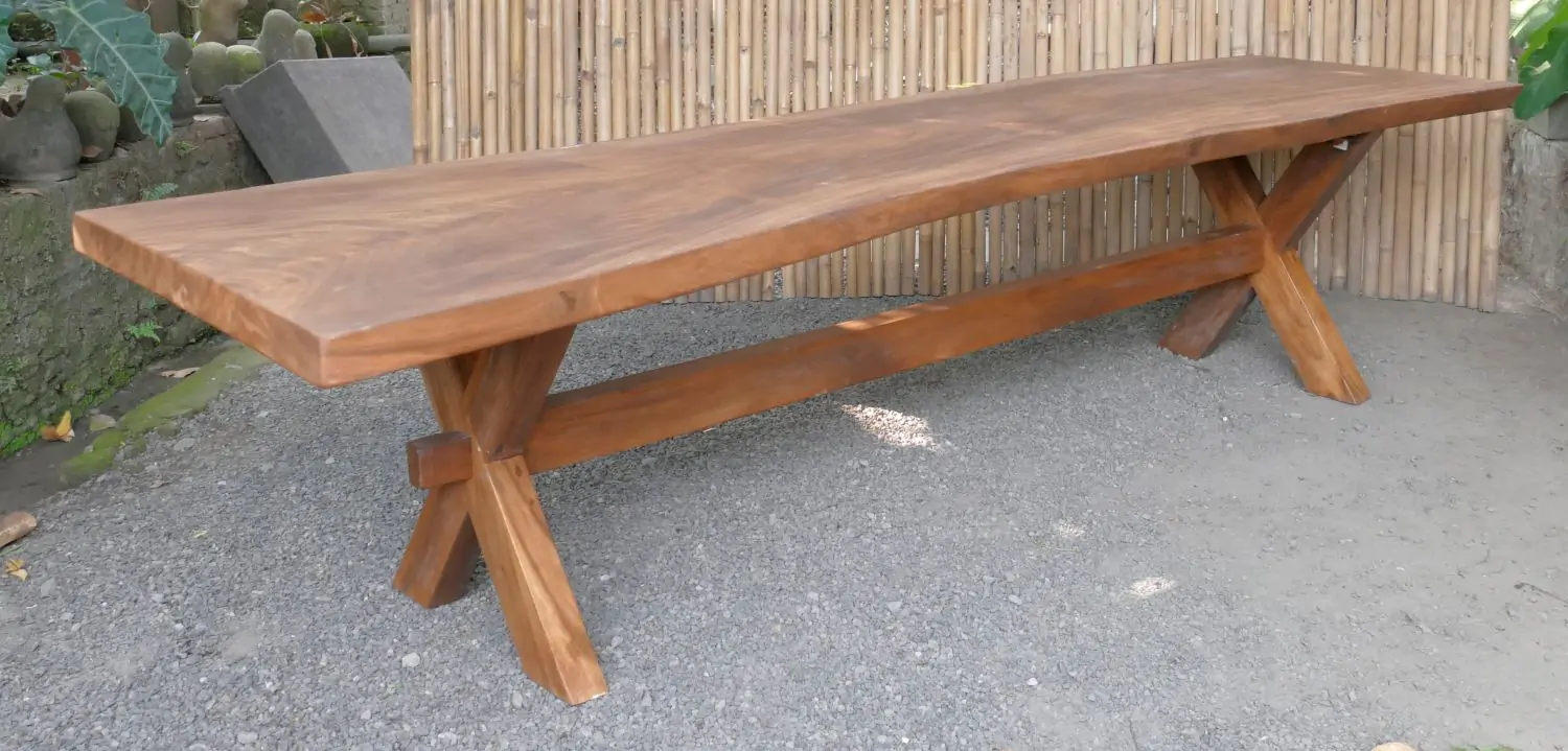  Product image 2 of the product “Natural wood table suar with wooden legs X model, 340cm length, 110cm width, 81cm height. Table top 8cm thickness ”